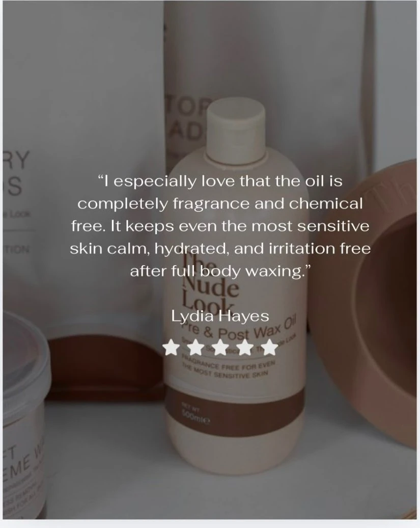Lydia Hayes, five star review: I especially love that the oil is completely fragrance and chemical free. It keeps even the most sensitive skin calm, hydrated, and irritation free after full body waxing.
